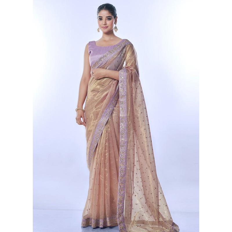 Purple Net Saree With Blouse Piece - JD986603051