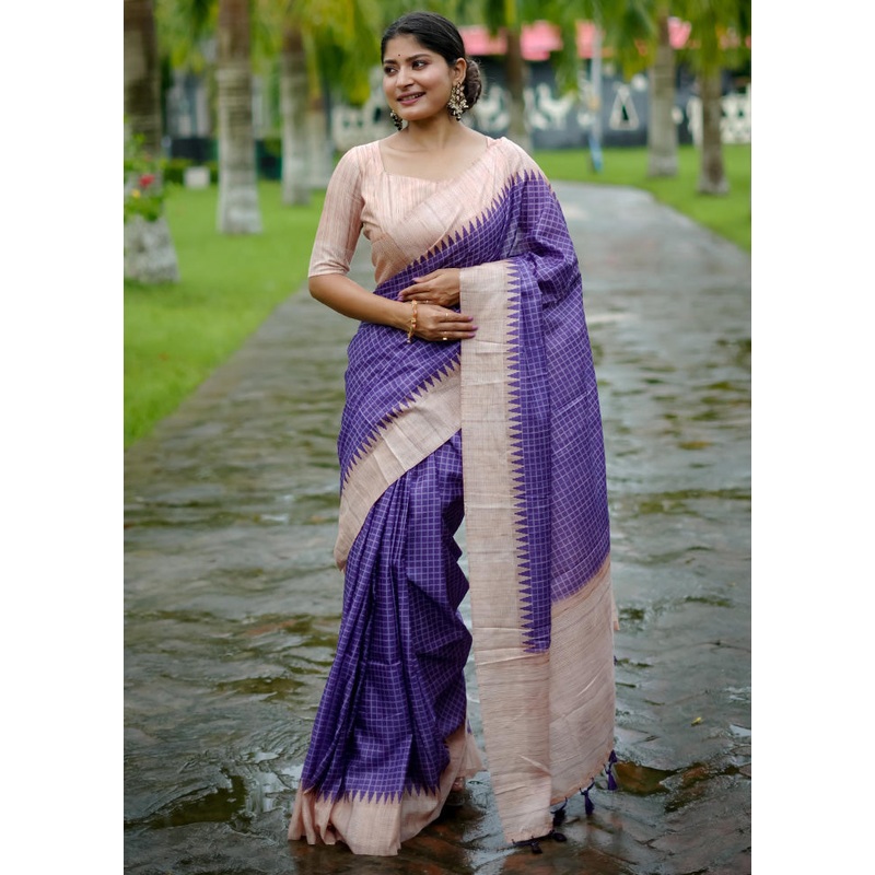 Purple Tussar Silk Saree With Blouse Piece - JD986603036