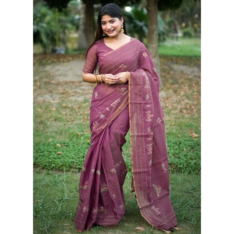 Purple Tussar Silk Saree With Blouse Piece - JD986603037