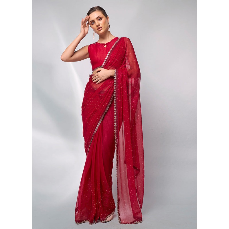 Red Spun Silk Saree With Blouse Piece - JD986603027