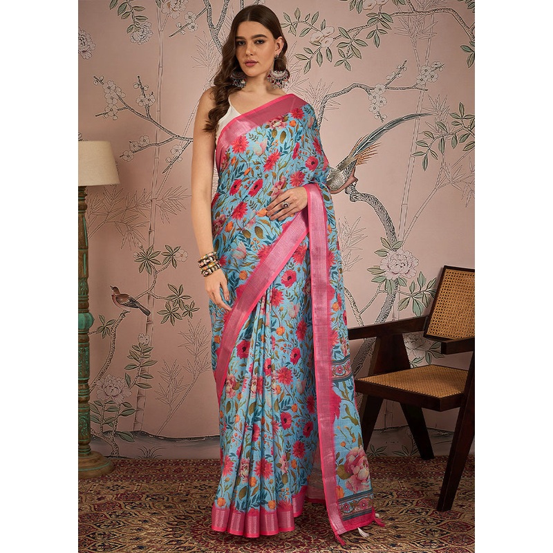 Sea Green Linen Silk Saree With Blouse Piece - JD986603021