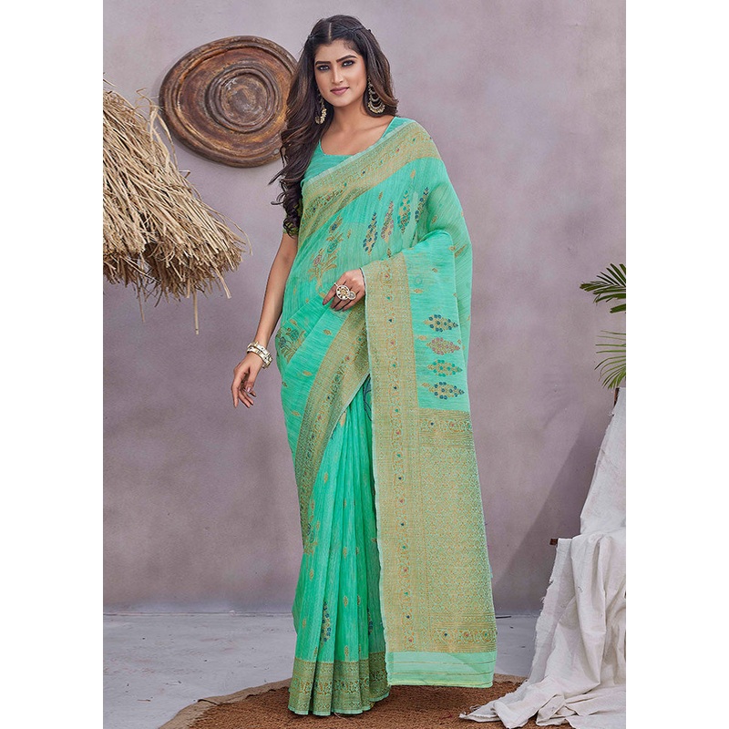 Sea Green Linen Silk Saree With Blouse Piece - JD986603022