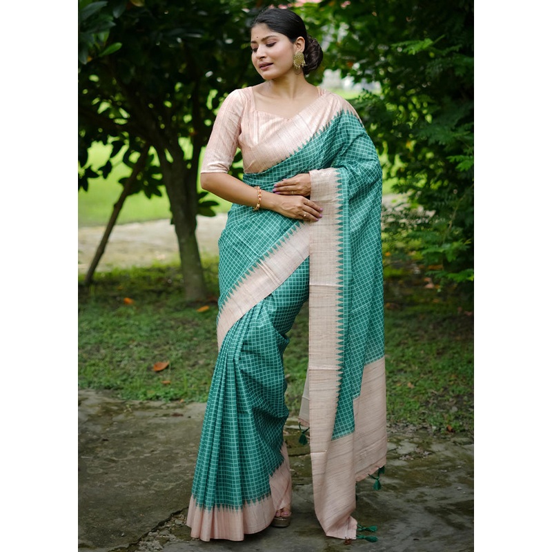 Sea Green Tussar Silk Saree With Blouse Piece - JD986603020