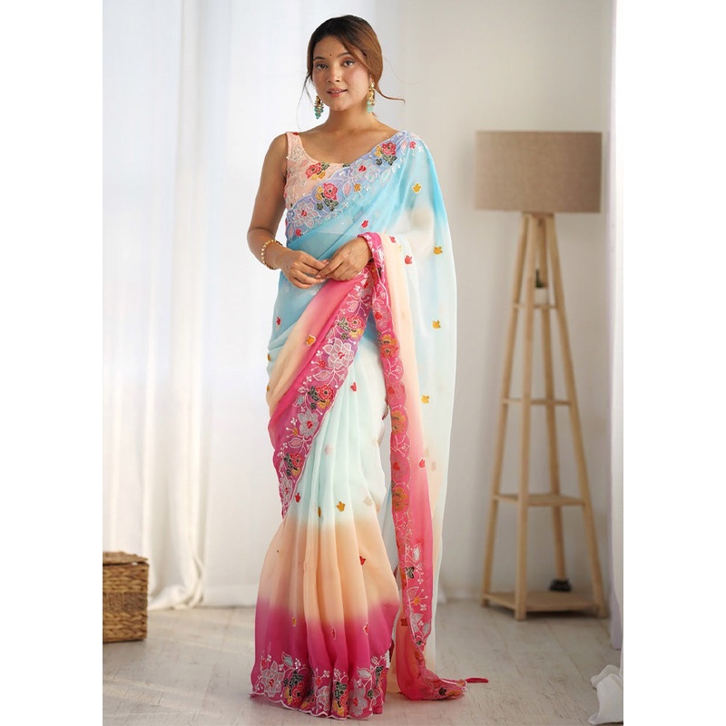 Sky Blue Georgette Saree With Blouse Piece - JD986603019
