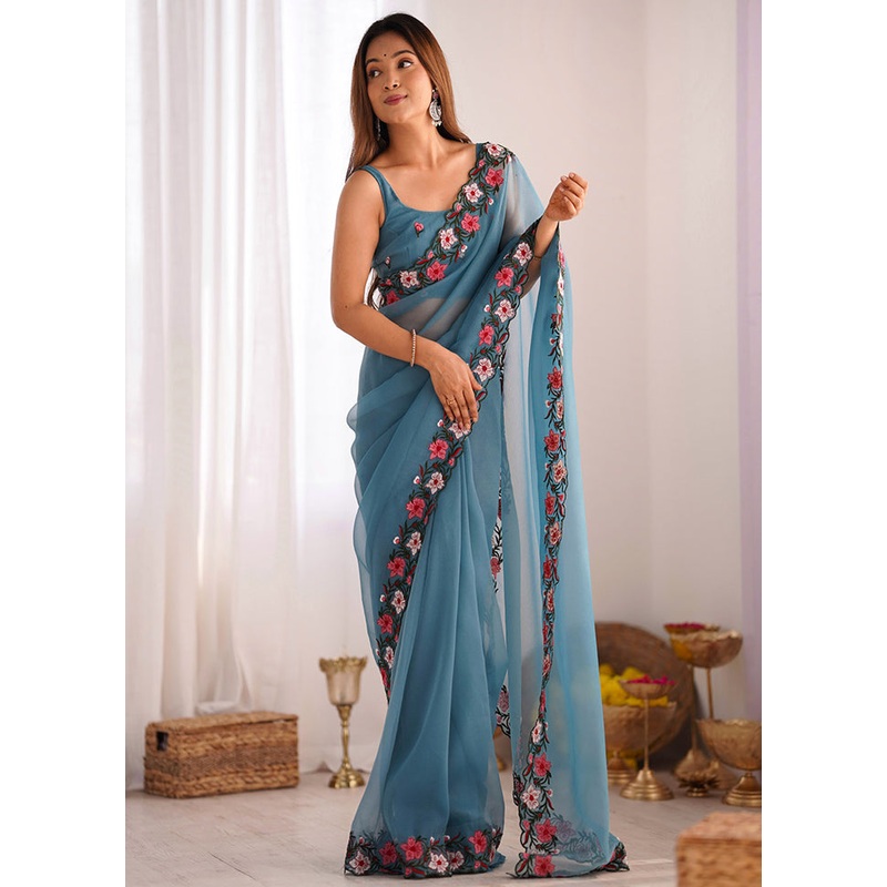 Sky Blue Spun Silk Saree With Blouse Piece - JD986603013