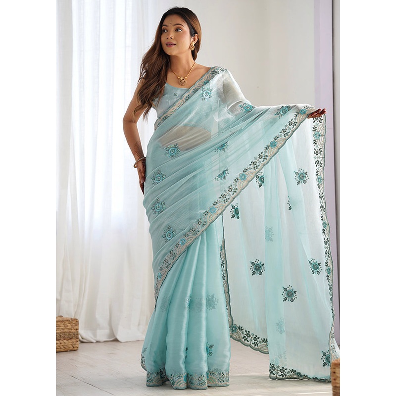 Sky Blue Spun Silk Saree With Blouse Piece - JD986603015
