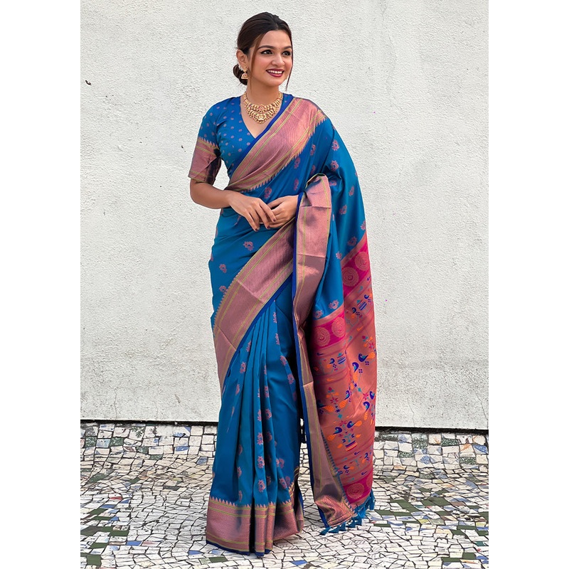 Sky Blue Spun Silk Saree With Blouse Piece - JD986603016