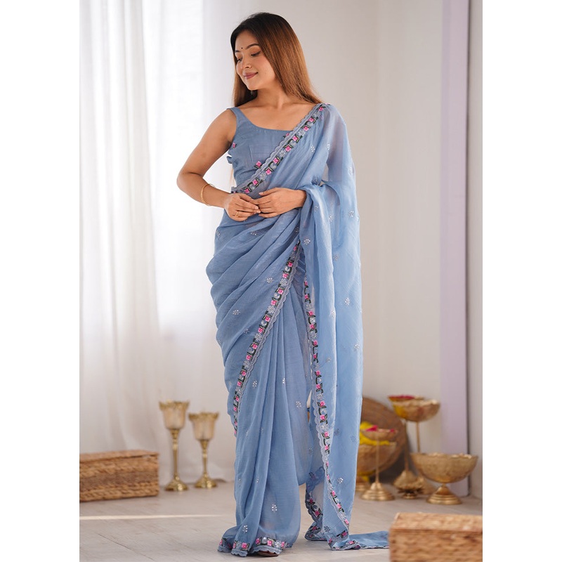Sky Blue Spun Silk Saree With Blouse Piece - JD986603017