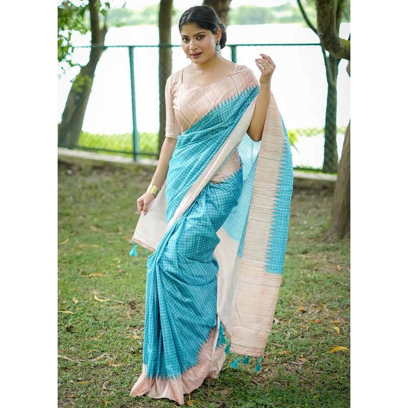 Sky Blue Tussar Silk Saree With Blouse Piece - JD986603012