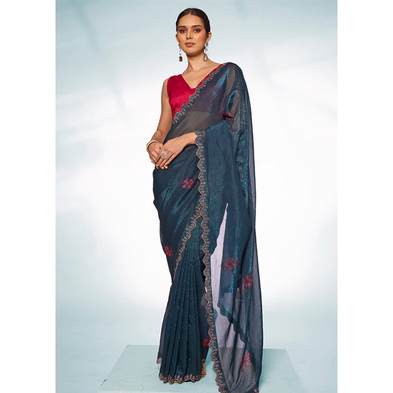 Teal Blue Organza Saree With Blouse Piece - JD986603011