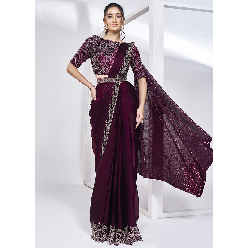 Wine Crepe Pure Silk Saree With Blouse Piece - JD986603008