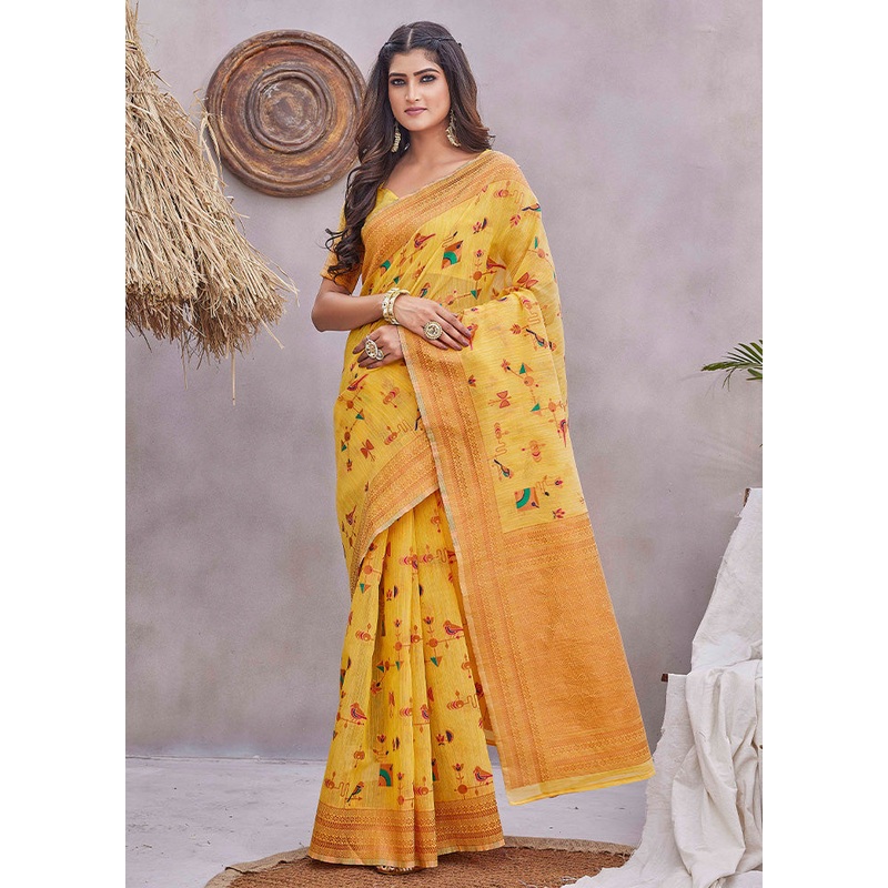 Yellow Linen Silk Saree With Blouse Piece - JD986603002