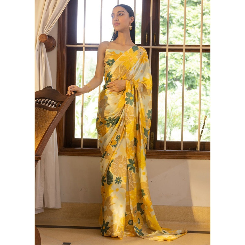 Yellow Satin Silk Saree With Blouse Piece - JD986603001