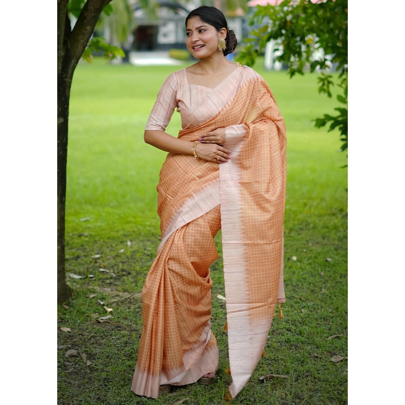 Yellow Tussar Silk Saree With Blouse Piece - JD986602997