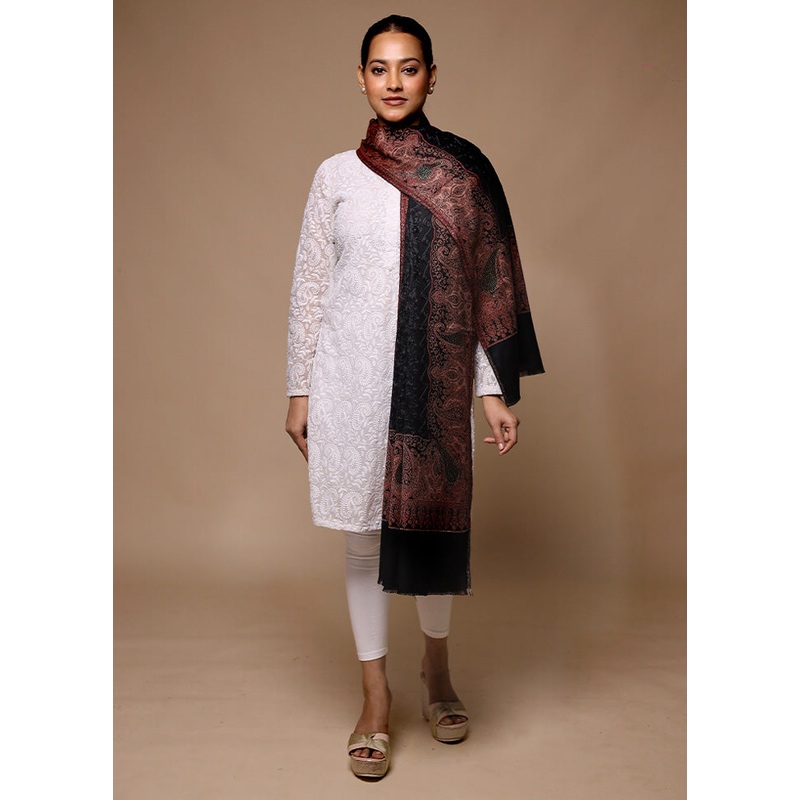 Black Butta Work With Zari Woven Border Shawl - JD986602727