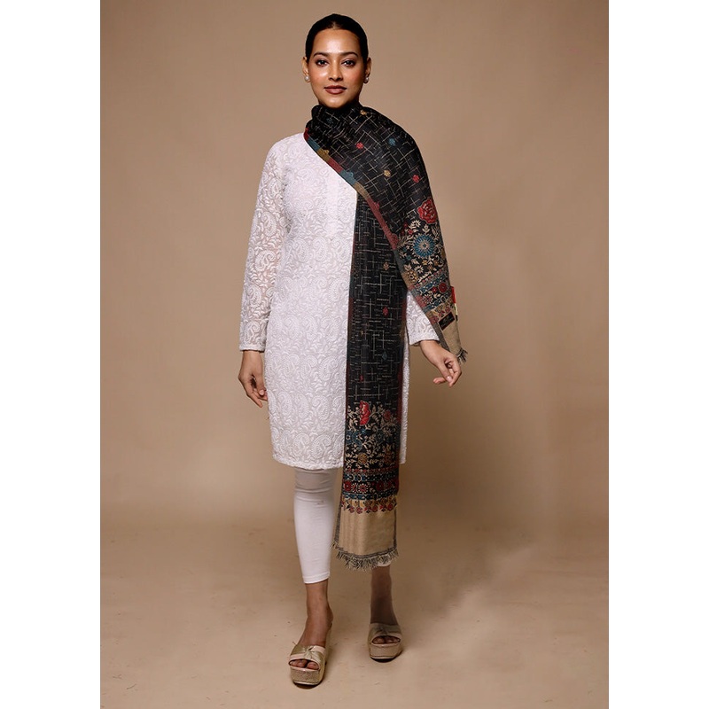 Black Butta Work With Zari Woven Border Shawl - JD986602728