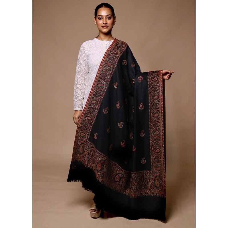 Black Butta Work With Zari Woven Border Shawl - JD986602729