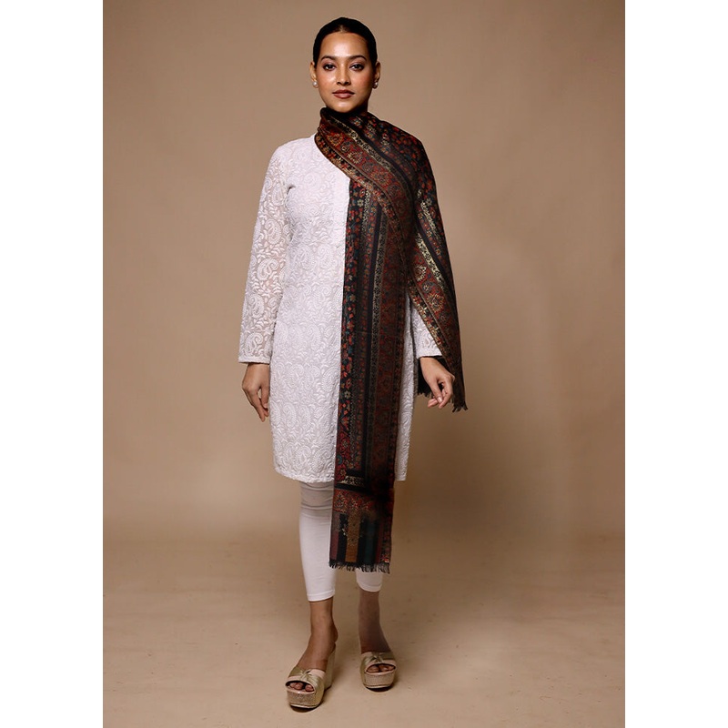 Black Butta Work With Zari Woven Border Shawl - JD986602730
