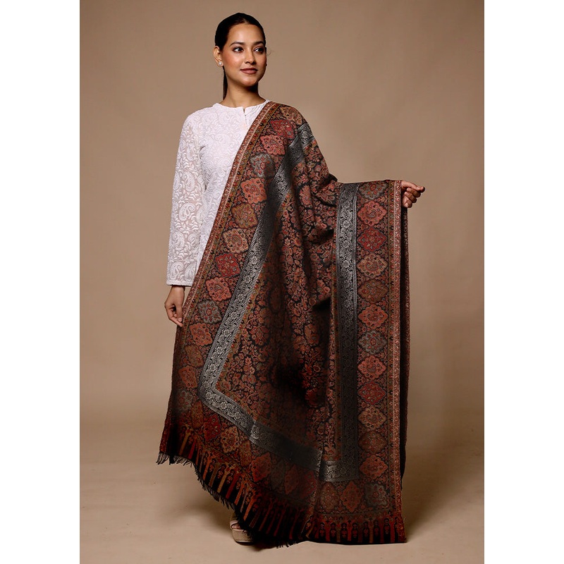 Black Butta Work With Zari Woven Border Shawl - JD986602731