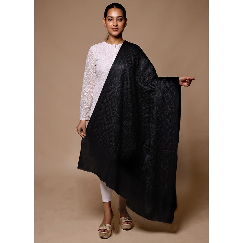 Black Butta Work With Zari Woven Border Shawl - JD986602732