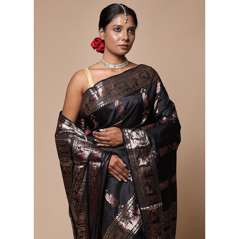 Black Handloom Baluchari Pure Silk Saree With Blouse Piece - JD986602838