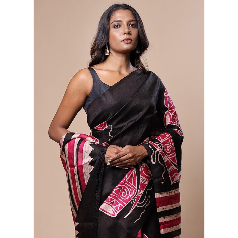 Black Printed Pure Silk Saree Without Blouse Piece - JD986602836