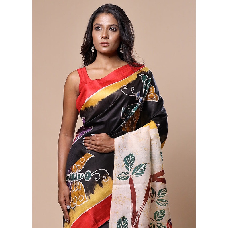 Black Printed Pure Silk Saree Without Blouse Piece - JD986602837