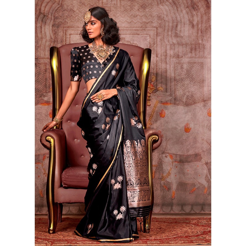 Black Spun Silk Saree With Blouse Piece - JD986602862