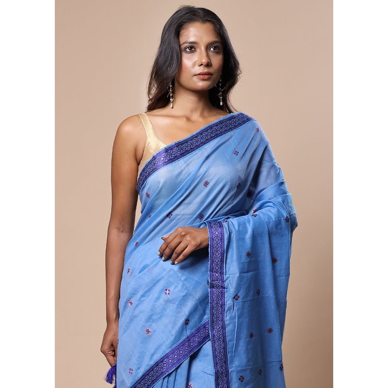 Blue Assam Silk Saree With Blouse Piece - JD986602832