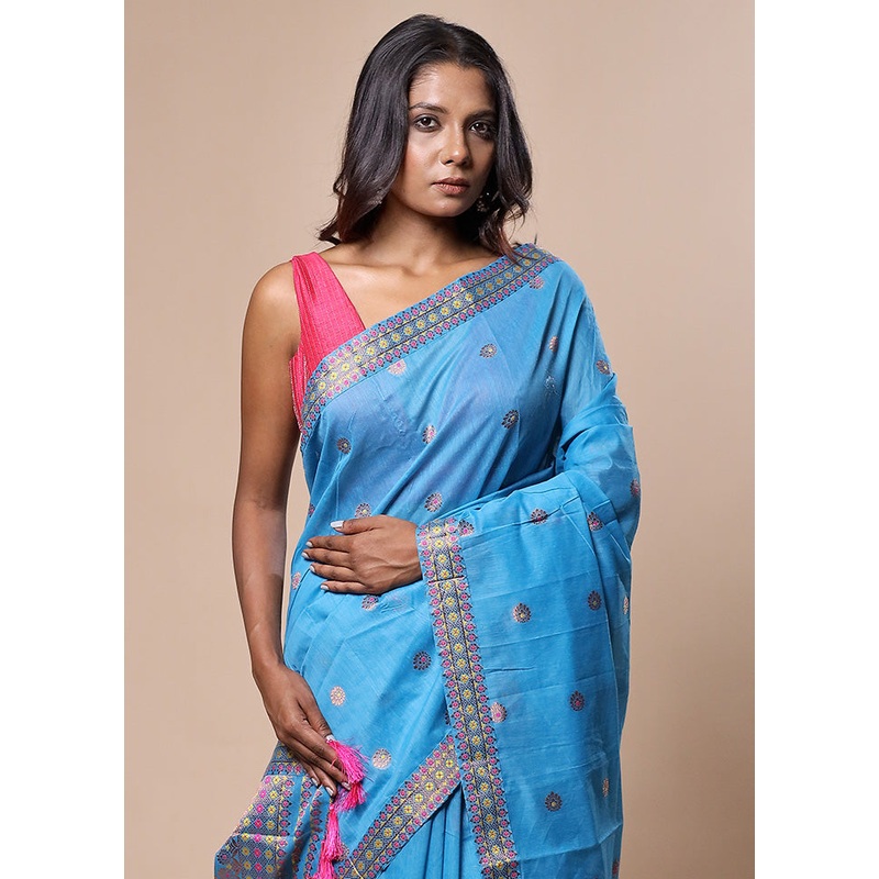 Blue Assam Silk Saree With Blouse Piece - JD986602833