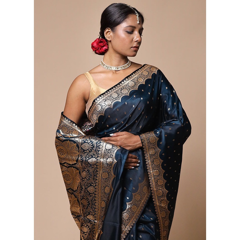 Blue Banarasi Silk Saree With Blouse Piece - JD986602831