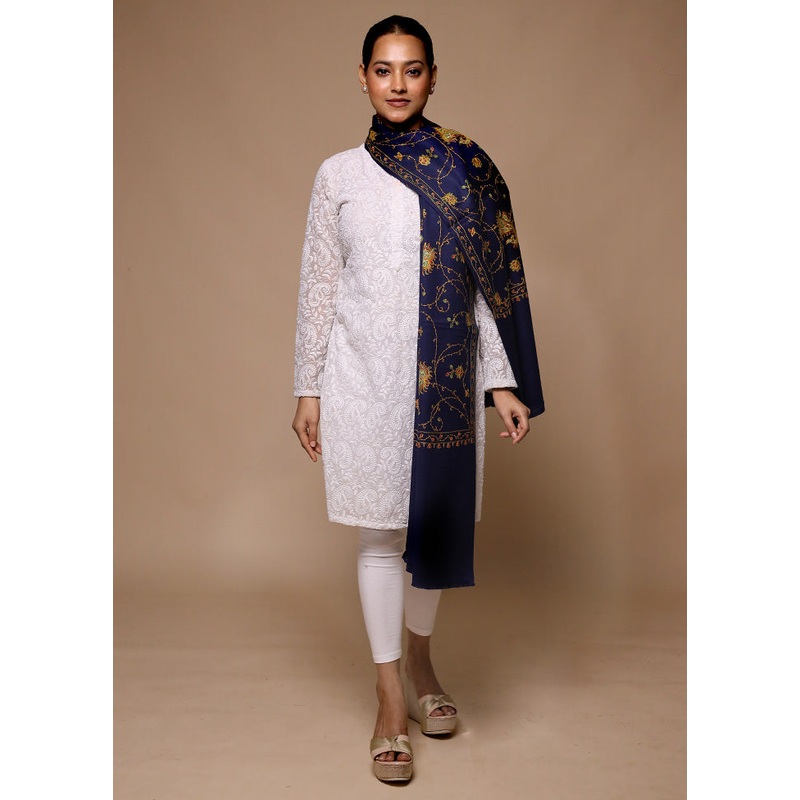 Blue Butta Work With Zari Woven Border Shawl - JD986602720
