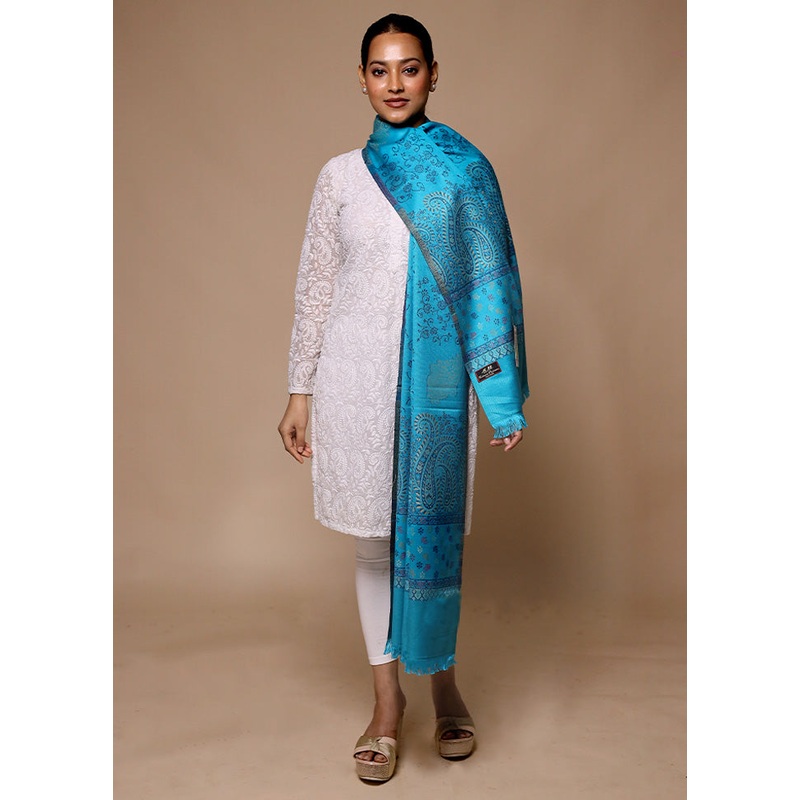 Blue Butta Work With Zari Woven Border Shawl - JD986602721