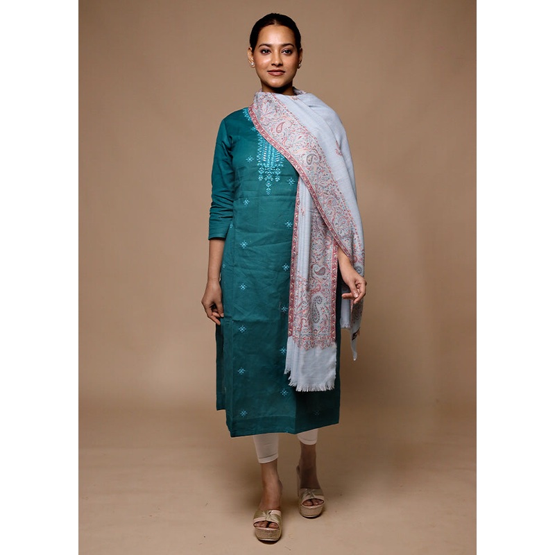 Blue Butta Work With Zari Woven Border Shawl - JD986602722
