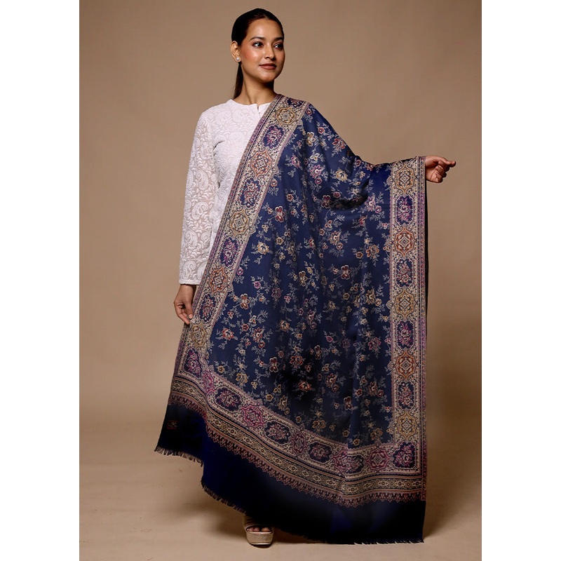 Blue Butta Work With Zari Woven Border Shawl - JD986602723