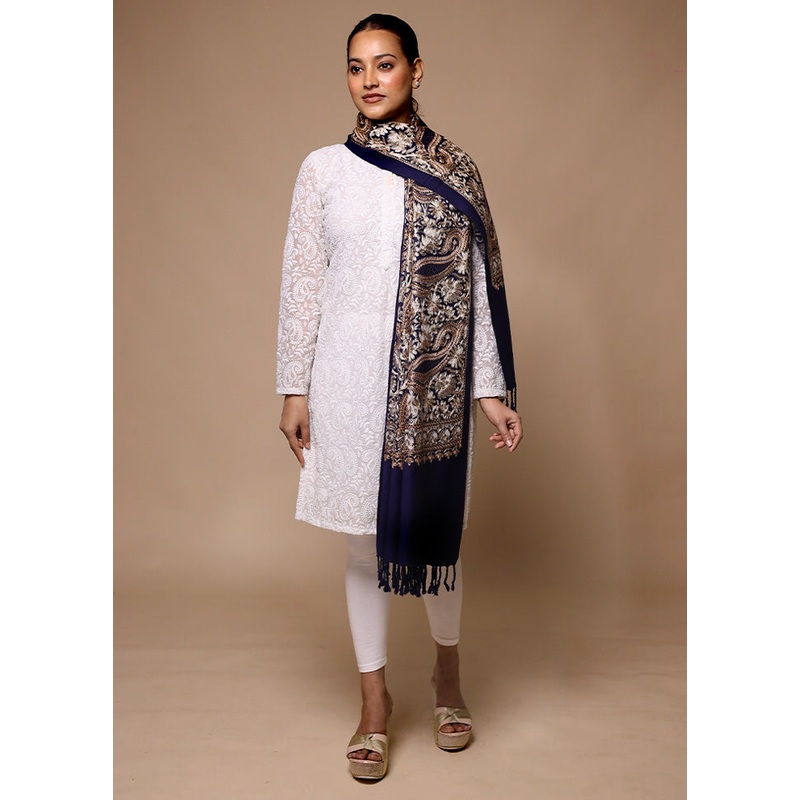 Blue Butta Work With Zari Woven Border Shawl - JD986602724