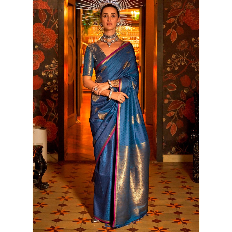 Blue Dupion Silk Saree With Blouse Piece - JD986602861