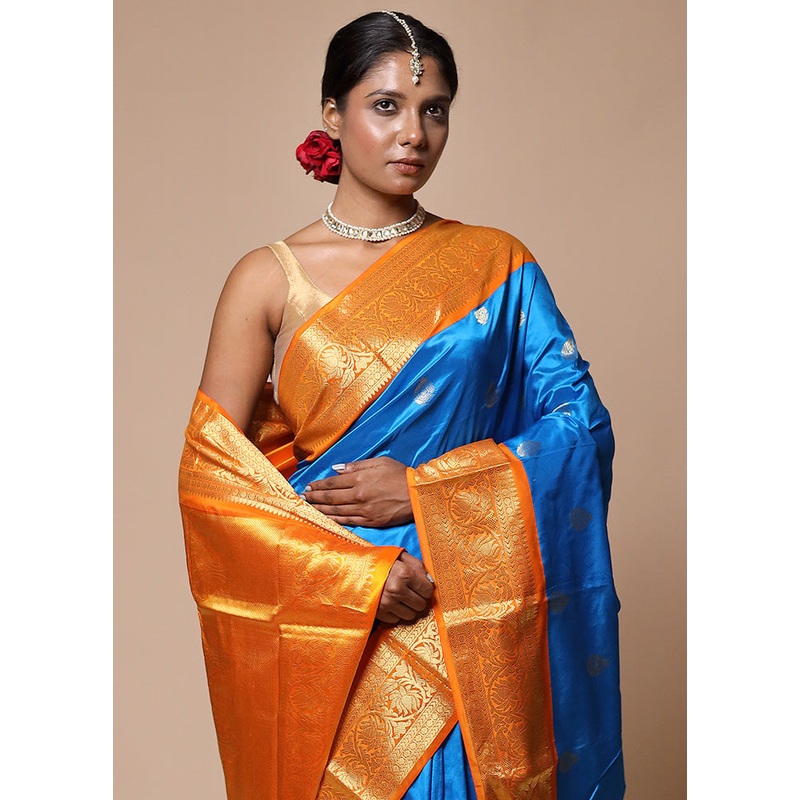 Blue Handloom Kanjivaram Pure Silk Saree With Blouse Piece - JD986602830