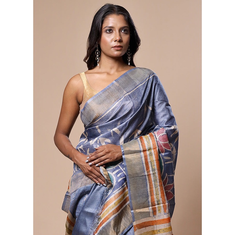 Blue Handloom Tussar Pure Silk Saree With Blouse Piece - JD986602829