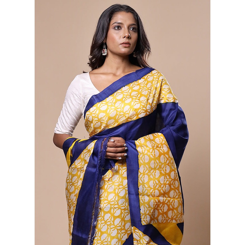 Blue Printed Pure Silk Saree Without Blouse Piece - JD986602826