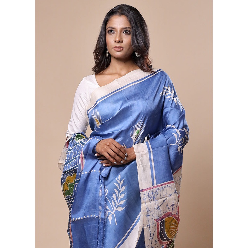Blue Printed Pure Silk Saree Without Blouse Piece - JD986602827