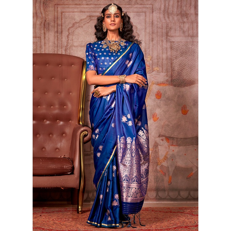 Blue Spun Silk Saree With Blouse Piece - JD986602859