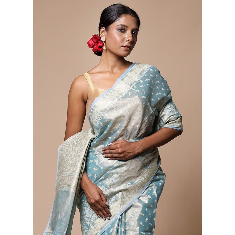 Blue Tissue Silk Saree With Blouse Piece - JD986602820