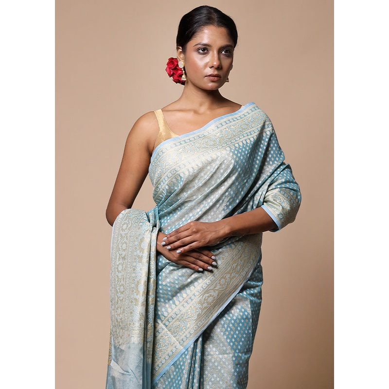 Blue Tissue Silk Saree With Blouse Piece - JD986602821
