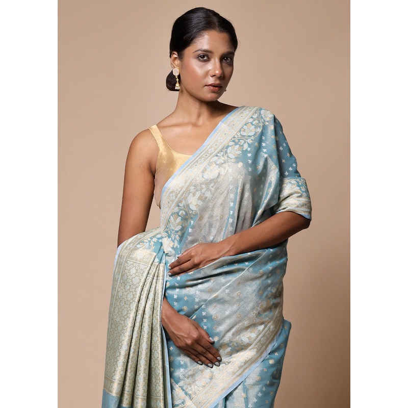 Blue Tissue Silk Saree With Blouse Piece - JD986602822