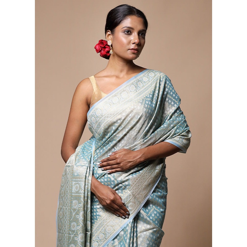 Blue Tissue Silk Saree With Blouse Piece - JD986602823