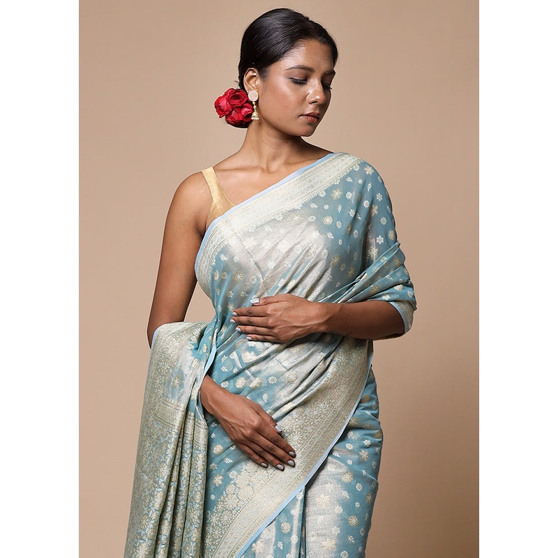 Blue Tissue Silk Saree With Blouse Piece - JD986602824