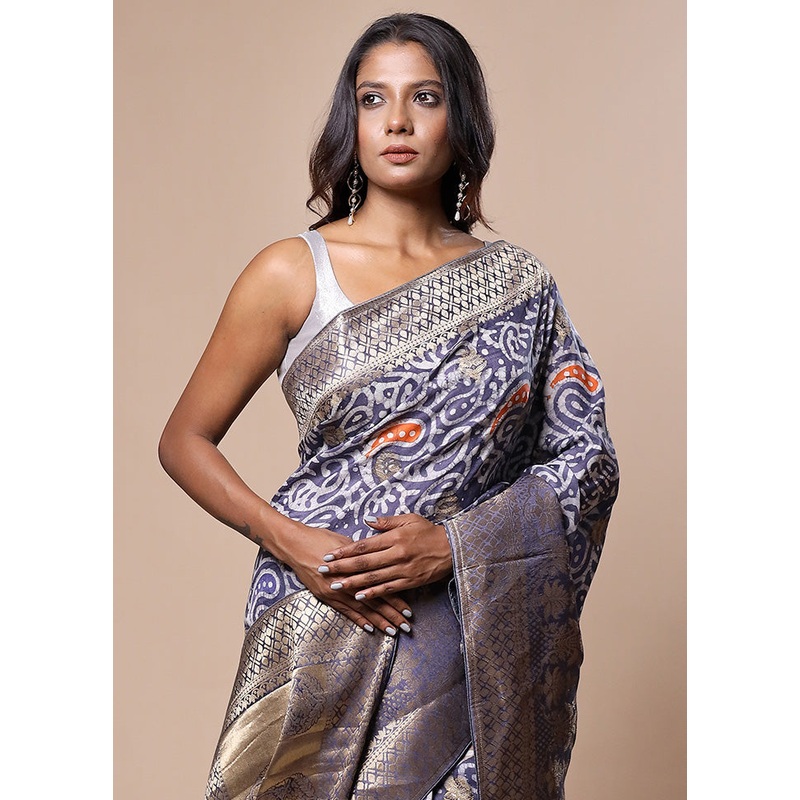 Blue Tussar Silk Saree With Blouse Piece - JD986602819