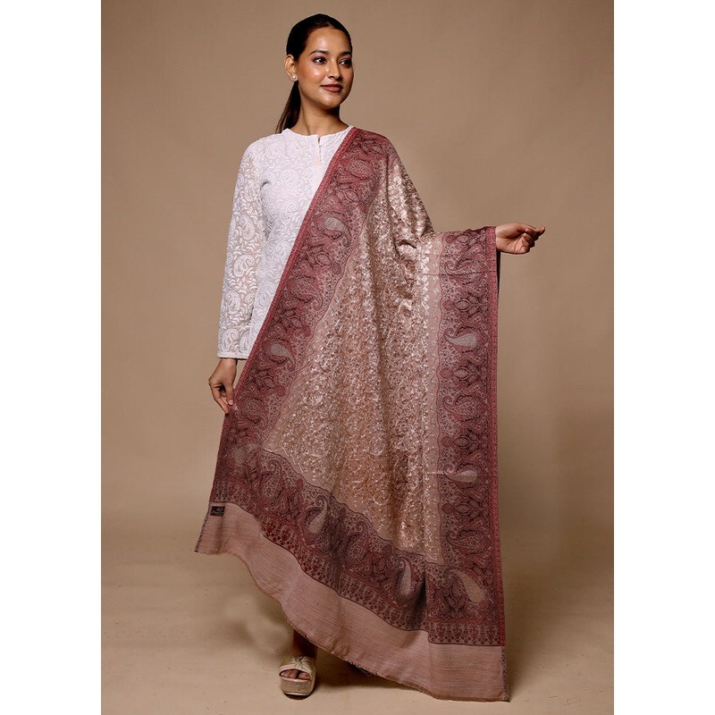 Brown Butta Work With Zari Woven Border Shawl - JD986602714