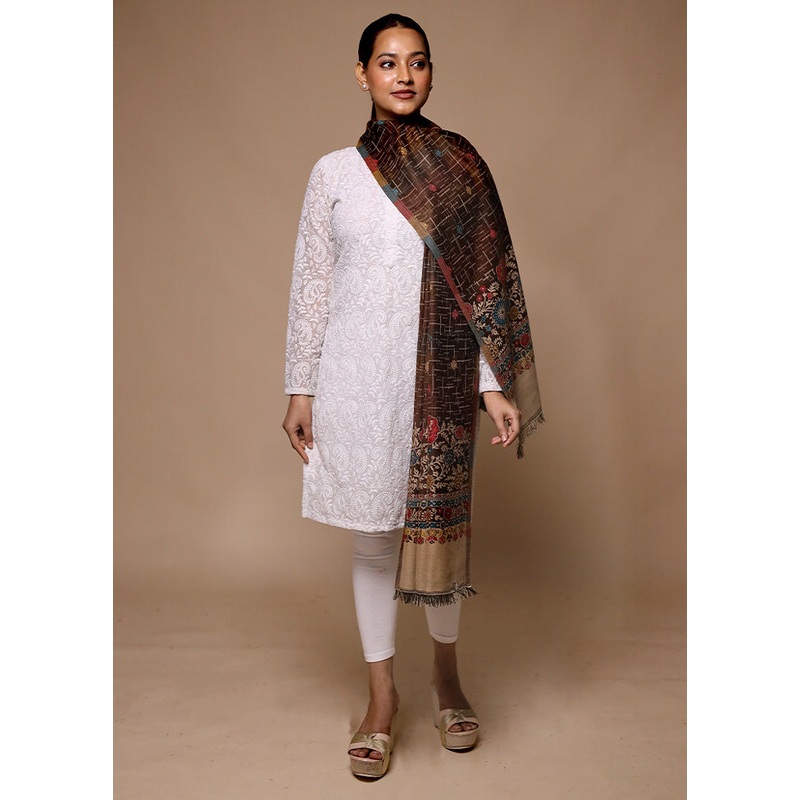 Brown Butta Work With Zari Woven Border Shawl - JD986602715